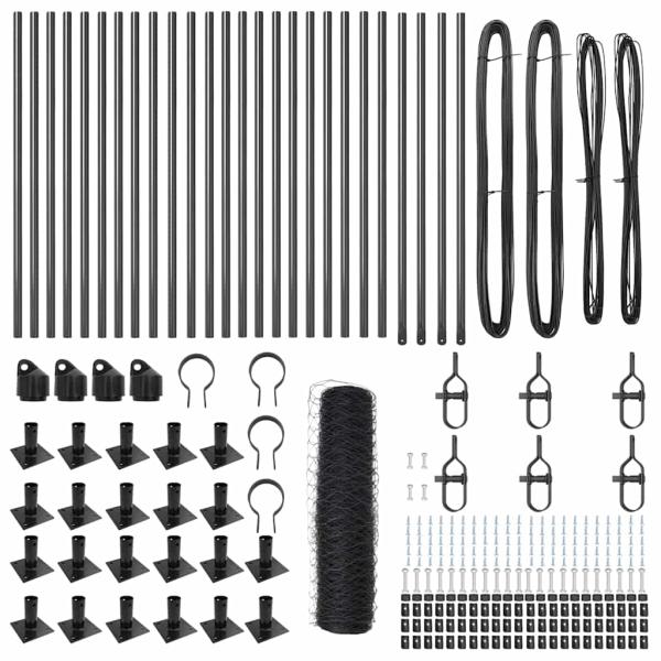 Sechseckzaun Grau 1x50 m Stahl, Zaunpfosten mit Basisplatten 13 Stück Ø32mm 110cm Verzinkter Stahl