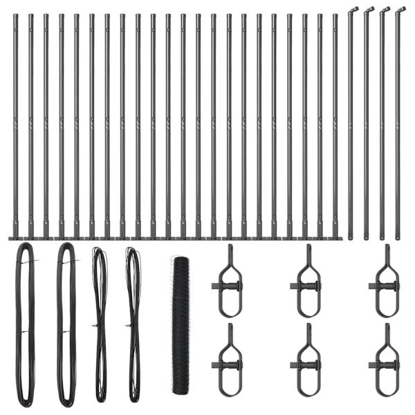 Sechseckzaun Grau 1,2x50 m Stahl, Zaunpfosten mit Fußplatten 13 Stück Ø32mm 68,5cm verzinkter Stahl