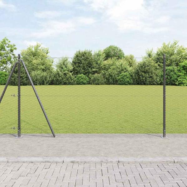 ARDEBO.de - Sechseck Zaun Grau 1,5x50 m Stahl, Zaunpfosten mit Bodenplatten 13 Stück Ø32mm 83,5cm verzinkter Stahl