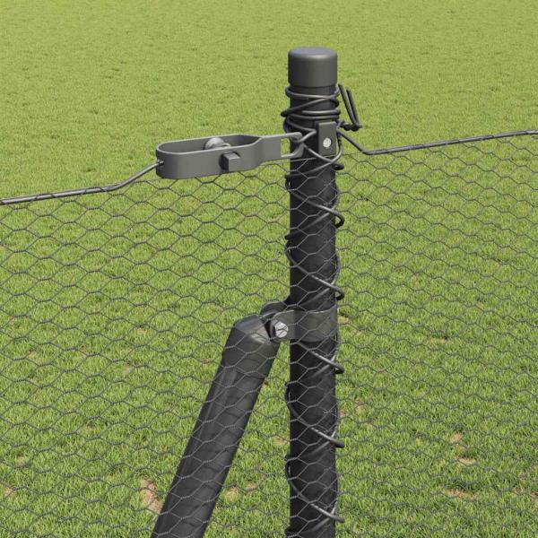 Sechseckzaun Grau 1,6x50 m Stahl, Zaunpfosten mit Fußplatten 13 Stück Ø32mm 88,5cm verzinkter Stahl