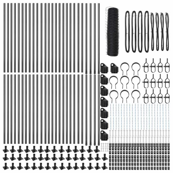 Hexagon Zaun Grau 0.4x100 m Stahl, Zaunpfosten mit Basisplatten 13 Stück Ø32mm 50cm verzinkter Stahl