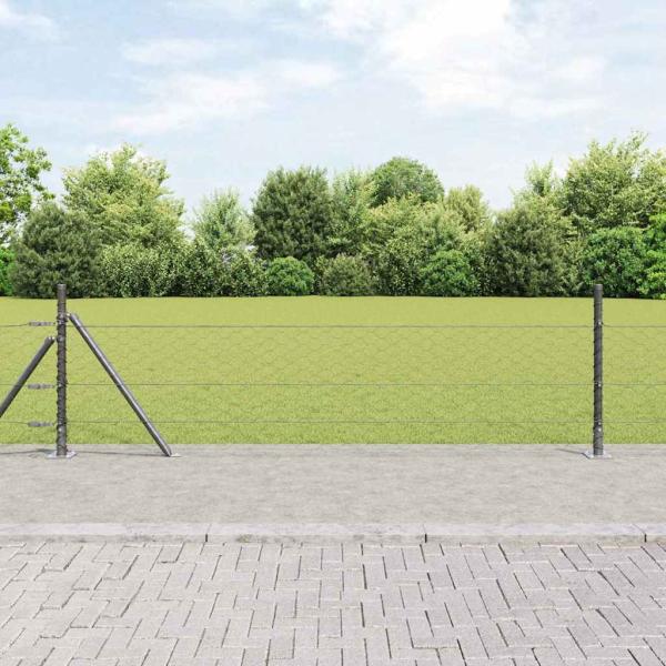 ARDEBO.de - Sechseckzaun Grau 0.5x100 m Stahl, Zaunpfosten mit Fußplatten 13 Stück Ø32mm 70cm verzinkter Stahl