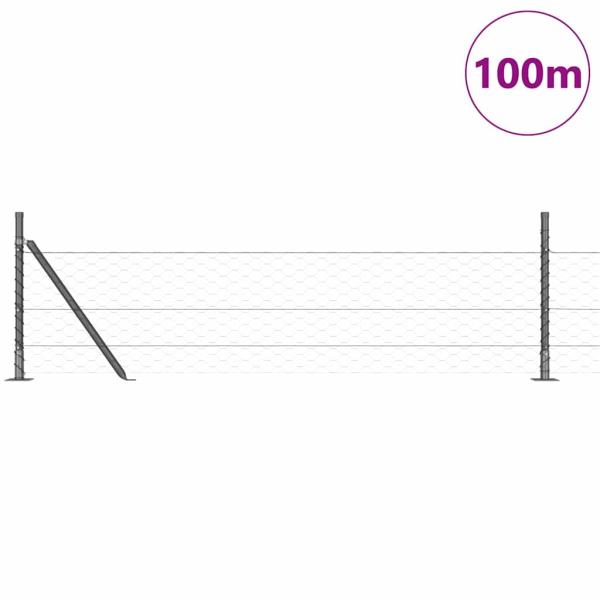 Sechseckzaun Grau 0.5x100 m Stahl, Zaunpfosten mit Fußplatten 13 Stück Ø32mm 70cm verzinkter Stahl