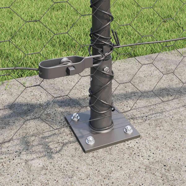 Sechseckzaun Grau 0.5x100 m Stahl, Zaunpfosten mit Fußplatten 13 Stück Ø32mm 70cm verzinkter Stahl