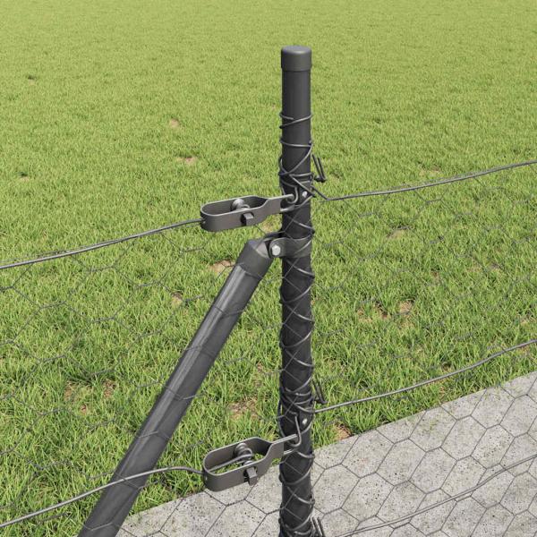 Sechseckzaun Grau 0.5x100 m Stahl, Zaunpfosten mit Fußplatten 13 Stück Ø32mm 70cm verzinkter Stahl