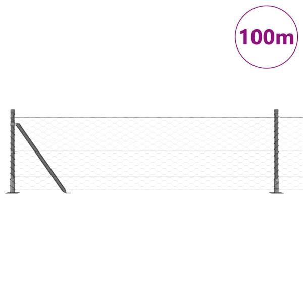 Hexagonzaun Grau 0,6x100 m Stahl, Zaunpfosten mit Basisplatten 13 Teile Ø32mm 70cm Galvanisierter Stahl