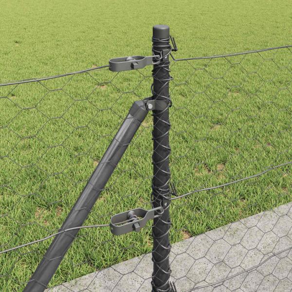 Hexagonzaun Grau 0,6x100 m Stahl, Zaunpfosten mit Basisplatten 13 Teile Ø32mm 70cm Galvanisierter Stahl