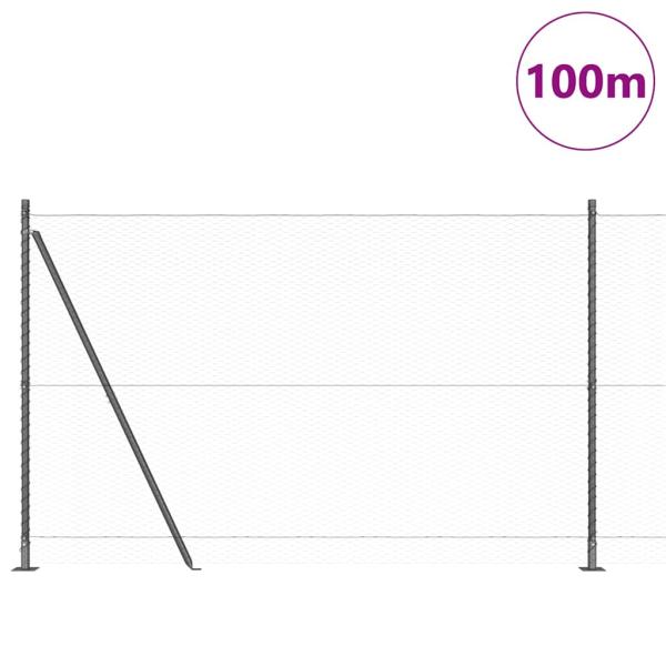 Sphärenzaun Grau 1,4x100 m Stahl, Zaunpfosten mit Bodenplatten 13 Stück Ø32mm 78,5cm feuerverzinkter Stahl