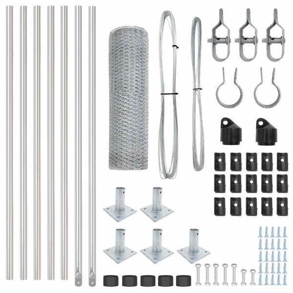 Sechskantzaun 0,4x10 m Verzinkter Stahl, Zaunpfosten mit Fußplatten 7 Stk Ø32mm 50cm Verzinkter Stahl