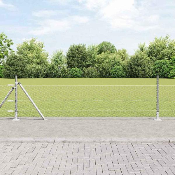 ARDEBO.de - Sechseckzaun 0,5x10 m Verzinkter Stahl, Zaunpfosten mit Bodenplatten 7 Stück Ø32mm 70cm Verzinkter Stahl