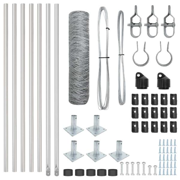 Sechseckzaun 0,5x10 m Verzinkter Stahl, Zaunpfosten mit Bodenplatten 7 Stück Ø32mm 70cm Verzinkter Stahl