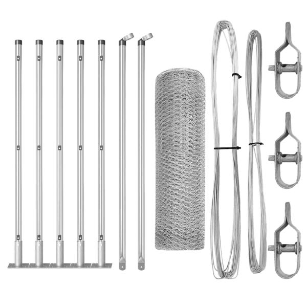 Sechskantzaun 0.6x10 m verzinkter Stahl, Zaunpfosten mit Bodenplatten 7 Stück Ø32mm 70cm verzinkter Stahl