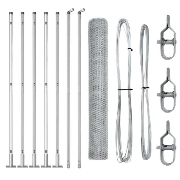 Sechseckzaun 1x10 m Verzinkter Stahl, Zaunpfosten mit Fußplatten 7 Stk Ø32mm 110cm Verzinkter Stahl