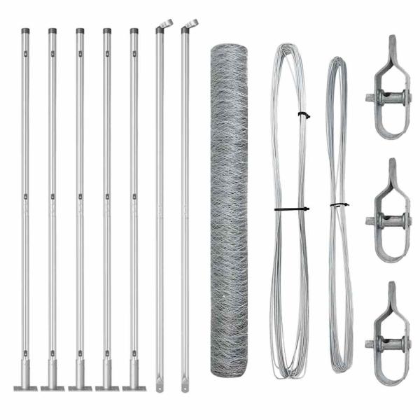 Sechseckiger Zaun 1x10 m Verzinkter Stahl, Zaunpfosten mit Bodenplatten 7 Stück Ø32mm 110cm Verzinkter Stahl
