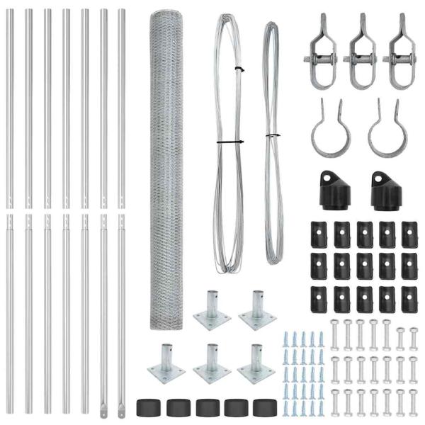 Hexagonzaun 1,4x10 m aus verzinktem Stahl, Zaunpfähle mit Bodenplatten 7 Stk Ø32mm 78,5cm aus verzinktem Stahl
