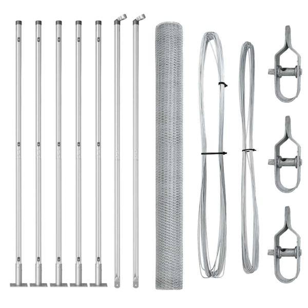 Hexagonzaun 1,5x10 m feuerverzinkter Stahl, Zaunpfosten mit Fußplatten 7 Stück Ø32mm 83,5cm feuerverzinkter Stahl
