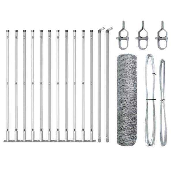 Sechseckzaun 0,4x25 m verzinkter Stahl, Zaunpfosten mit Bodenplatten 13 Stück Ø32mm 50cm verzinkter Stahl