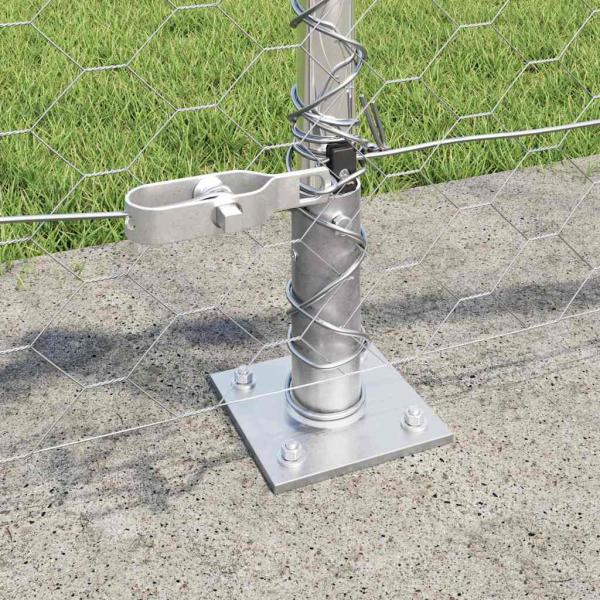 Sechseckzaun 0,4x25 m verzinkter Stahl, Zaunpfosten mit Bodenplatten 13 Stück Ø32mm 50cm verzinkter Stahl