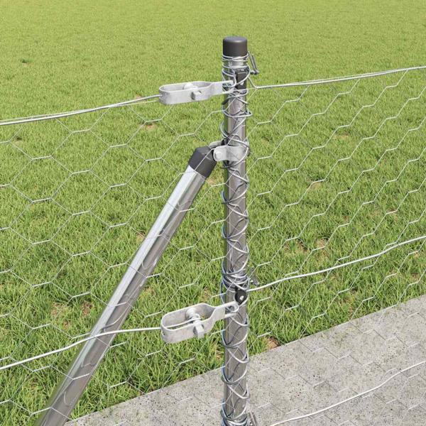 Sechseckzaun 0,4x25 m verzinkter Stahl, Zaunpfosten mit Bodenplatten 13 Stück Ø32mm 50cm verzinkter Stahl