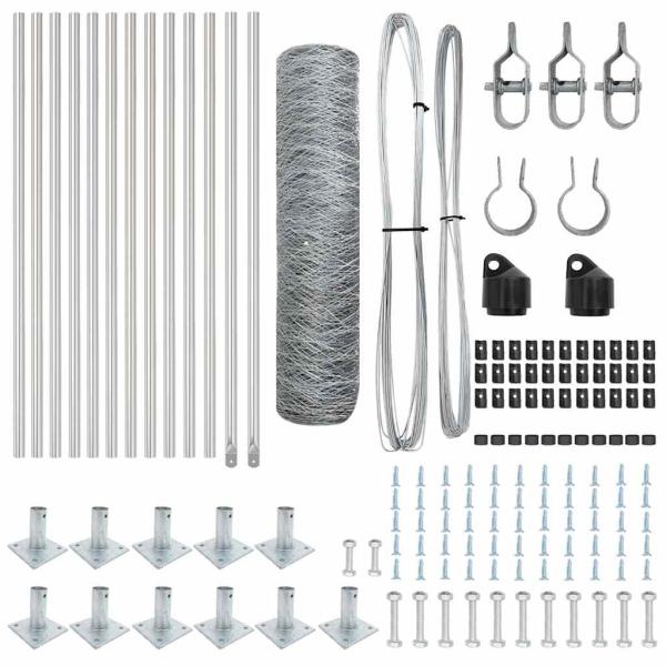 Sechseckzaun 0,4x25 m verzinkter Stahl, Zaunpfosten mit Bodenplatten 13 Stück Ø32mm 50cm verzinkter Stahl