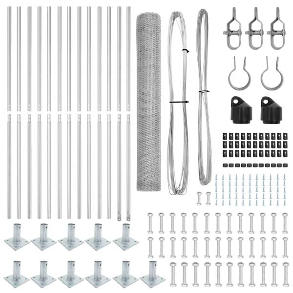 Hexagonzaun 0,8x25 m Verzinkter Stahl, Zaunpfosten mit Fußplatten 13 Stück Ø32mm 90cm Verzinkter Stahl
