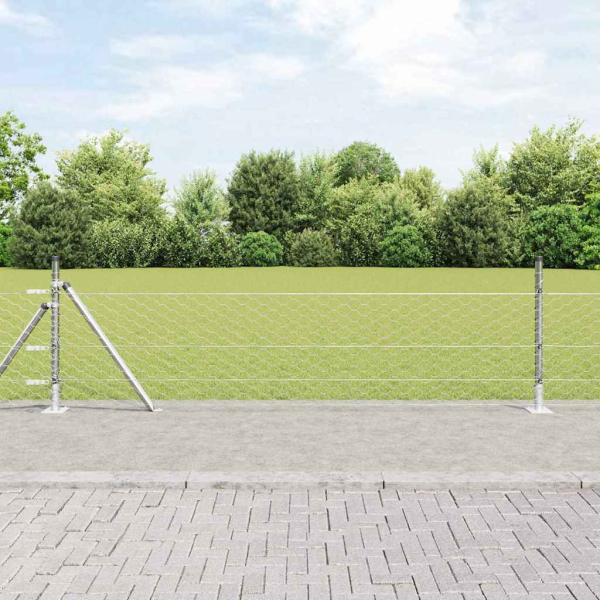 ARDEBO.de - Sechskantzaun 0.5x50 m verzinkter Stahl, Zaunpfosten mit Fußplatten 13 Stück Ø32mm 70cm verzinkter Stahl