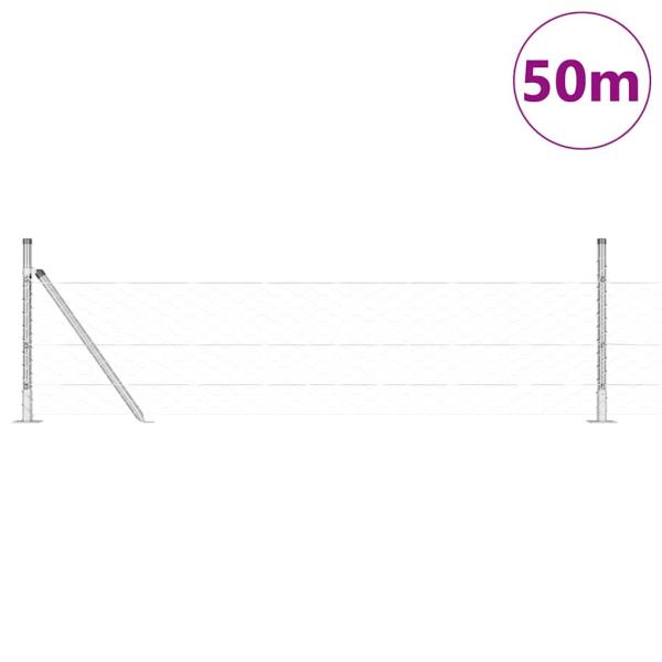 Sechskantzaun 0.5x50 m verzinkter Stahl, Zaunpfosten mit Fußplatten 13 Stück Ø32mm 70cm verzinkter Stahl