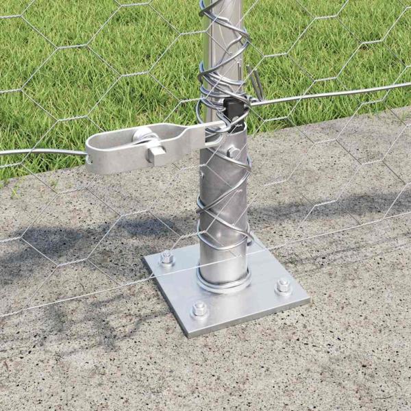 Sechskantzaun 0.5x50 m verzinkter Stahl, Zaunpfosten mit Fußplatten 13 Stück Ø32mm 70cm verzinkter Stahl