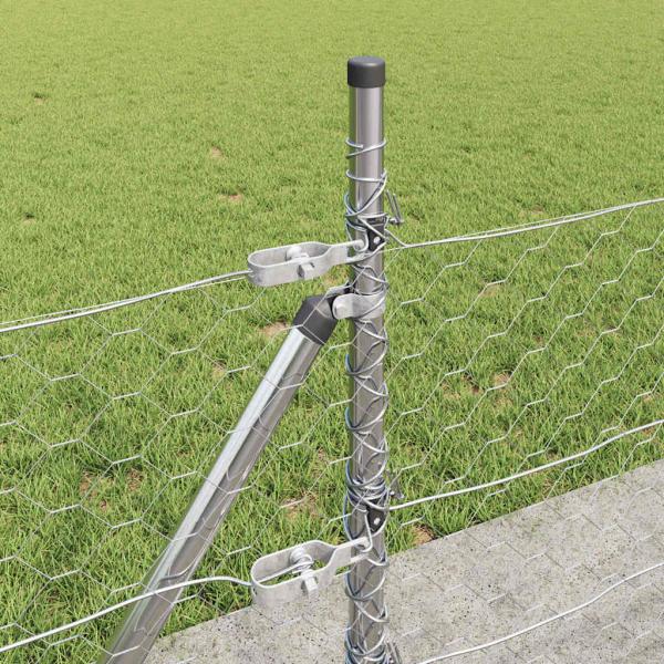 Sechskantzaun 0.5x50 m verzinkter Stahl, Zaunpfosten mit Fußplatten 13 Stück Ø32mm 70cm verzinkter Stahl