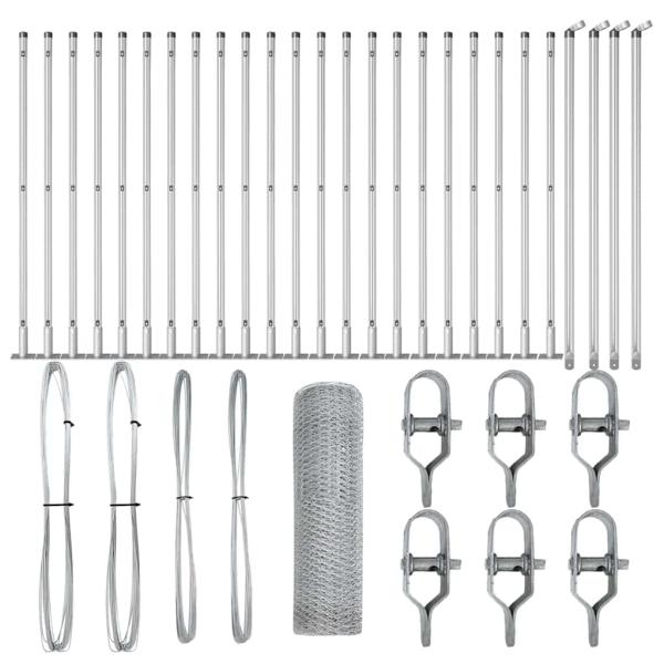 Sechseckzaun 0,8x50 m Feuerverzinkter Stahl, Zaunpfosten mit Fußplatten 13 Stück Ø32mm 90cm Feuerverzinkter Stahl