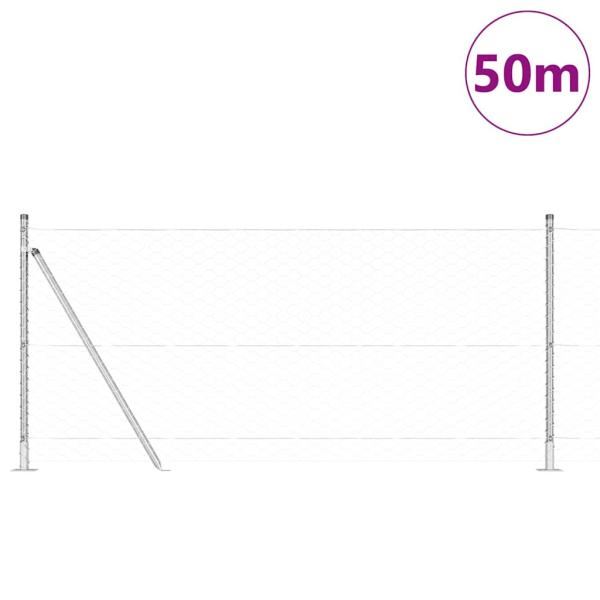 Sechseckzaun 1x50 m Verzinkter Stahl, Zaunpfosten mit Fußplatten 13 Stück Ø32mm 110cm Verzinkter Stahl