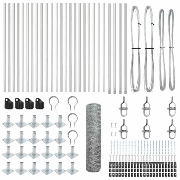 Sechseckzaun 1x50 m Verzinkter Stahl, Zaunpfosten mit Fußplatten 13 Stück Ø32mm 110cm Verzinkter Stahl