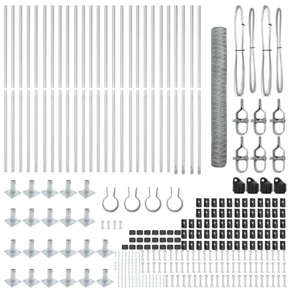 Hexagonzaun 1,2x50 m Feuerverzinkter Stahl, Zaunpfosten mit Fußplatten 13 Stück Ø32mm 68,5cm Feuerverzinkter Stahl