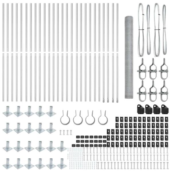 Sechseckzaun 1,5x50 m Feuerverzinkter Stahl, Zaunpfosten mit Fußplatten 13 Stk Ø32mm 83,5cm Feuerverzinkter Stahl