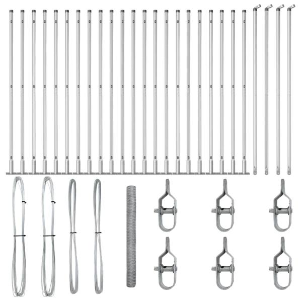 Hexagon Zaun 1,5x50 m Verzinkter Stahl, Zaunpfosten mit Bodenplatten 13 Stück Ø32mm 83,5cm Verzinkter Stahl