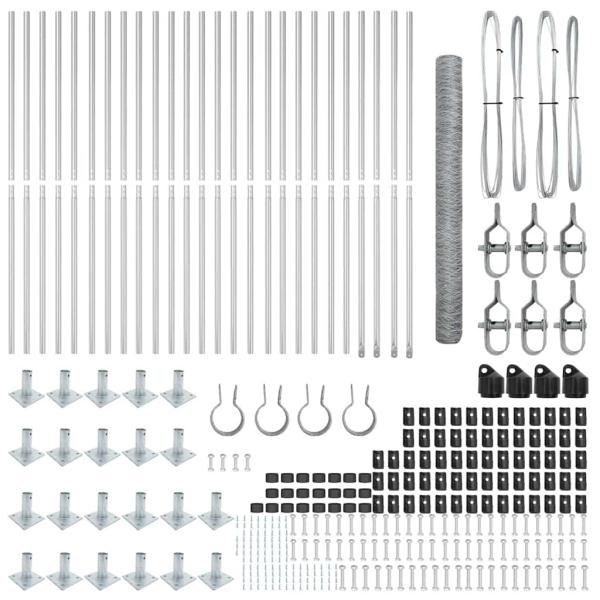 Sechseckzaun 1,6 x 50 m Verzinkter Stahl, Zaunpfosten mit Bodenplatten 13 Stück Ø32 mm 88,5 cm Verzinkter Stahl