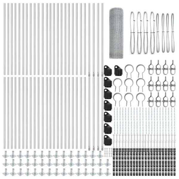 Sechseckzaun 0.4x100 m galvanisierter Stahl, Zaunpfosten mit Basisplatten 13 Stk Ø32mm 50cm galvanisierter Stahl