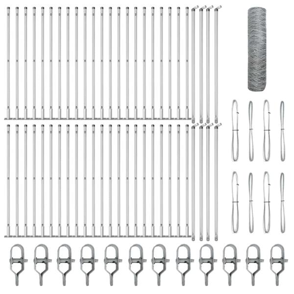 Sechseckzaun 1x100 m Feuerverzinkter Stahl, Zaunpfosten mit Grundplatten 13 Stück Ø32mm 110cm Feuerverzinkter Stahl