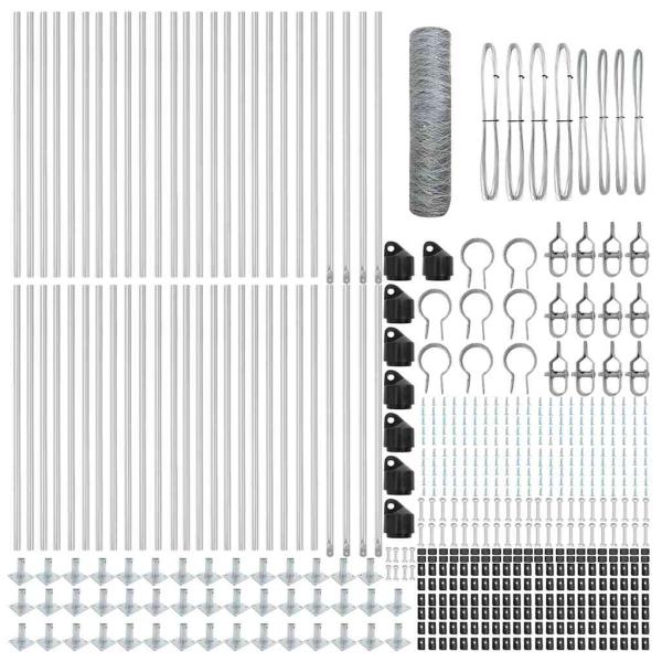 Sechseckzaun 1x100 m Feuerverzinkter Stahl, Zaunpfosten mit Grundplatten 13 Stück Ø32mm 110cm Feuerverzinkter Stahl