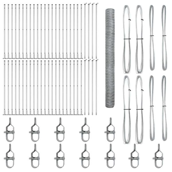 Sechseckzaun 1,6x100 m feuerverzinkter Stahl, Zaunpfosten mit Bodenplatten 13 Stk Ø32mm 88,5cm feuerverzinkter Stahl