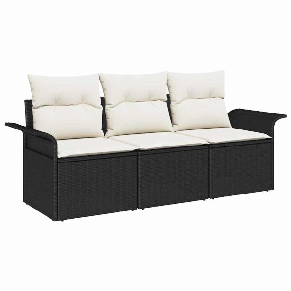 3-teiliges Garten Sofa Set mit Kissen Schwarz Poly Rattan, 2-Sitzer Garten Sofa mit Stauraum & Kissen Schwarz Poly Rattan