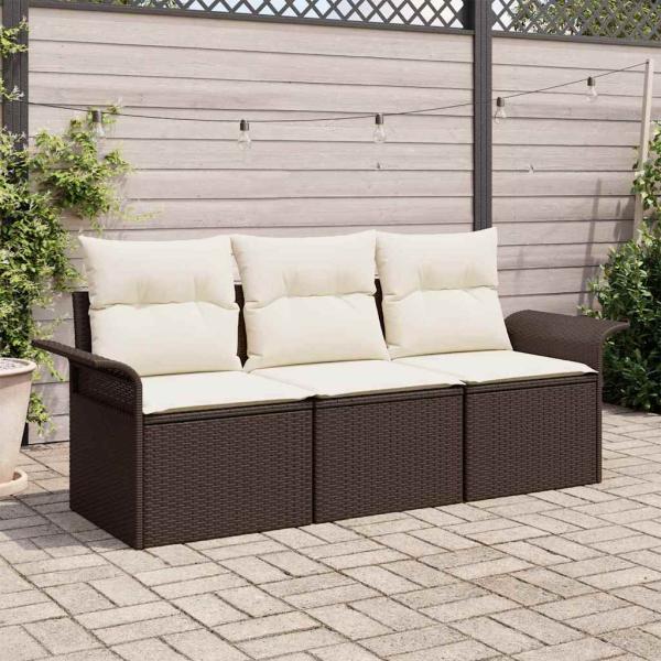 ARDEBO.de - 3-teiliges Garten Sofa Set mit Kissen Braunes Poly Rattan, 2-Sitzer Garten Sofa mit Stauraum & Kissen Braunes Poly Rattan
