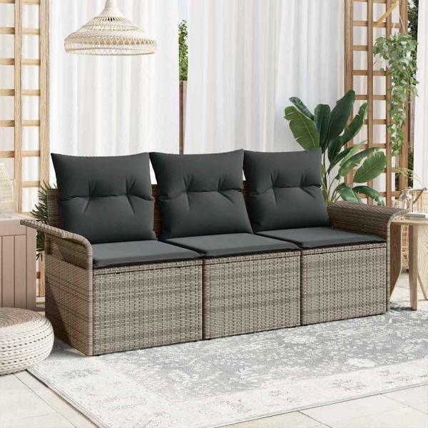ARDEBO.de - 3-teilige Garten Sofa Set mit Kissen Grau Poly Rattan, 2-Sitzer Garten Sofa mit Stauraum & Kissen Grau Poly Rattan