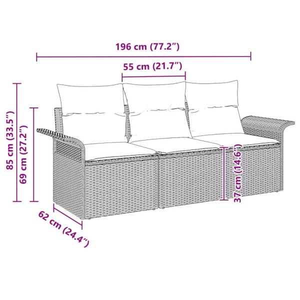 3-teilige Garten Sofa Set mit Kissen Grau Poly Rattan, 2-Sitzer Garten Sofa mit Stauraum & Kissen Grau Poly Rattan