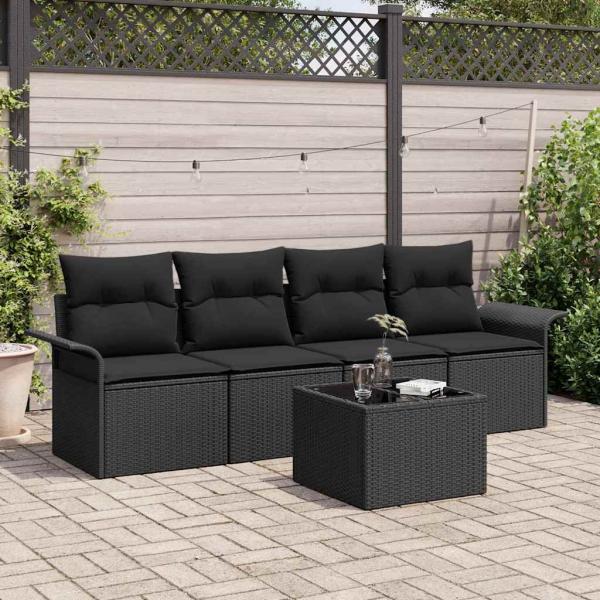 ARDEBO.de - 5-teilige Garten Sofa Set mit Kissen Schwarz Poly Rattan, 2-Sitzer Garten Sofa mit Stauraum & Kissen Schwarz Poly Rattan