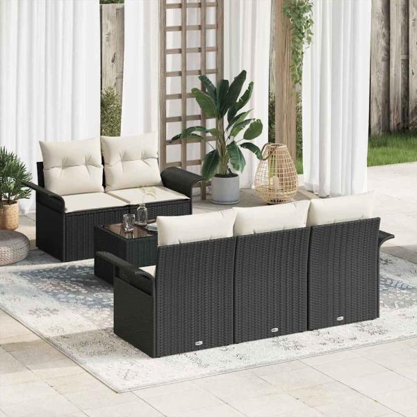 ARDEBO.de - 6-teilige Garten-Sofa-Gruppe mit Kissen Schwarz Poly-Rattan, 2-Sitzer Garten-Sofa mit Stauraum & Kissen Schwarz Poly-Rattan
