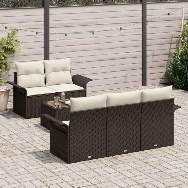 6-teiliges Garten Sofa Set mit Kissen Braun Poly Rattan, 2-Sitzer Garten Sofa mit Stauraum & Kissen Braun Poly Rattan