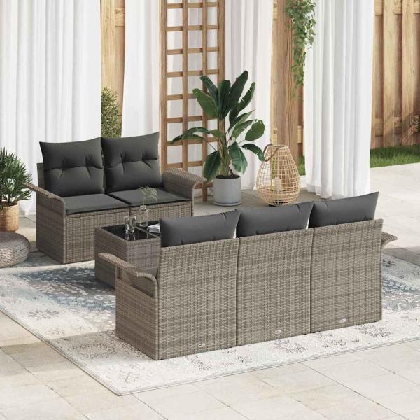 ARDEBO.de - 6-teiliges Garten Sofa Set mit Kissen Grau Poly Rattan, 2-Sitzer Garten Sofa mit Stauraum & Kissen Grau Poly Rattan