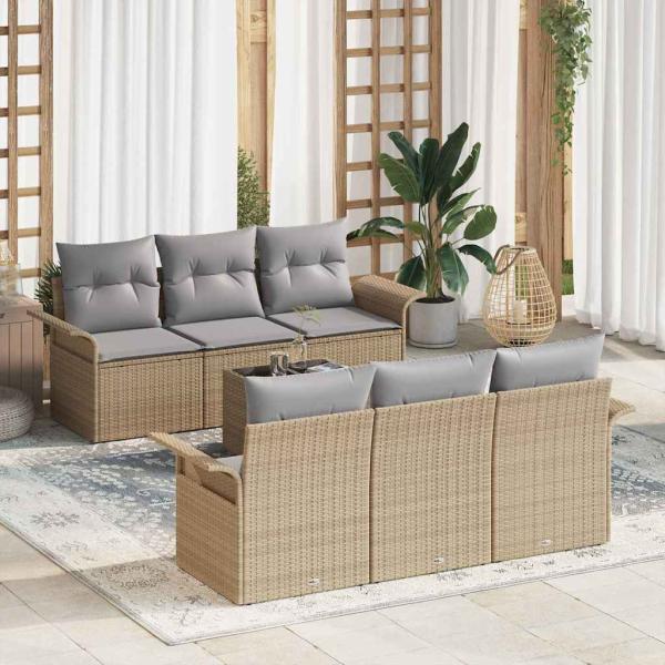 ARDEBO.de - 7-teiliges Garten Sofa Set mit Kissen Beige Poly Rattan, 2-Sitzer Garten Sofa mit Stauraum & Kissen Beige Poly Rattan