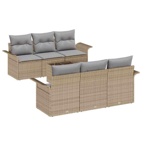 7-teiliges Garten Sofa Set mit Kissen Beige Poly Rattan, 2-Sitzer Garten Sofa mit Stauraum & Kissen Beige Poly Rattan